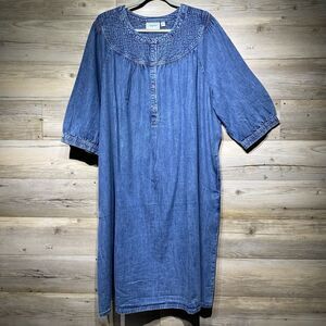 National Chambray House Dress 3X Blue Mumu Patio Half Button Pockets Lightweight